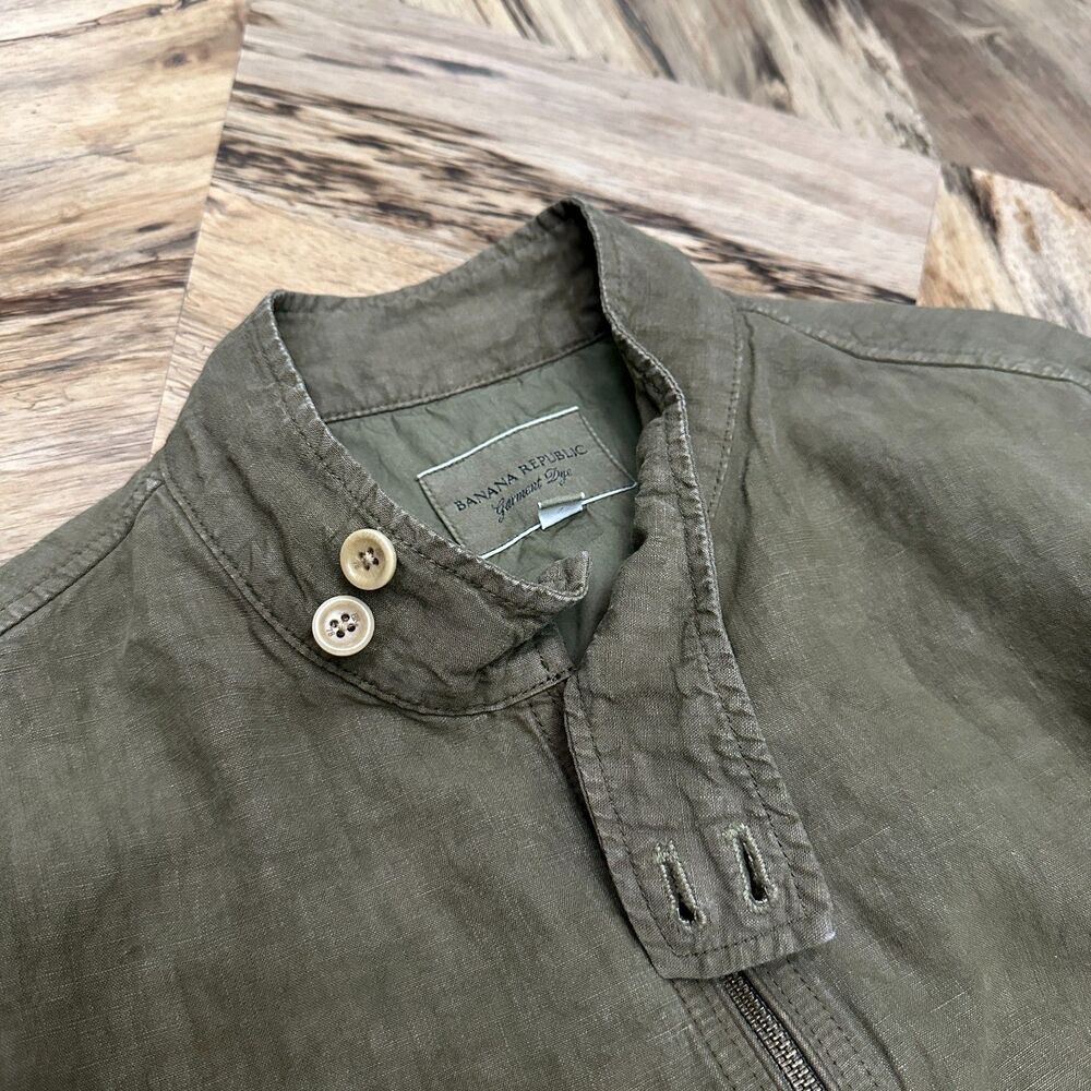 VTG 00s Y2K Banana Republic Garment Dyed Olive Green Linen Field Jacket Men's XL - Picture 8 of 15